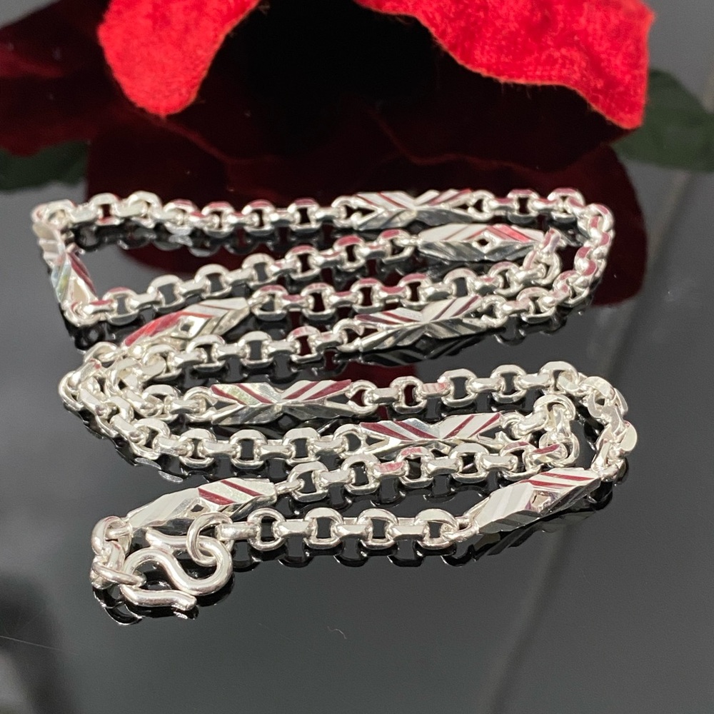 Sterling Silver Chain 4 Side Diamond Cut Bar and Cable Chain